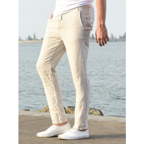 Obrix Linen Male Summer Light Pants Mid Waist Shortened Length Comfy American European Style Pants For Men