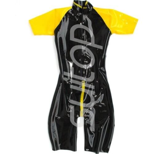 Men 's latex catsuit rubber teddies in heavy latex 0.6 mm with front zip with cop pieces Silicone outside real photo