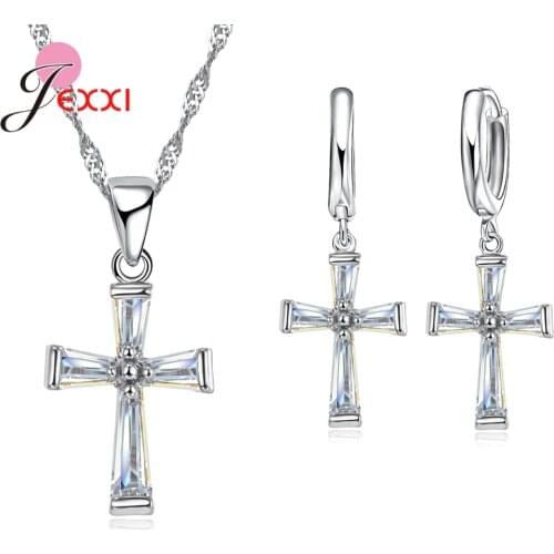 New Statement Korean Trend Cubic Zircon Joyas Shine Shimmer Classic Cross Design Jewelry Set Pendant Necklaces Drop Earrings