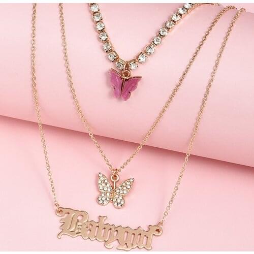 3 Pcs/Set Sweet Gold Color Crystal Acrylic Butterfly Babygirl Letter Pendant Necklace for Women Clavicle Chain Necklace Jewelry