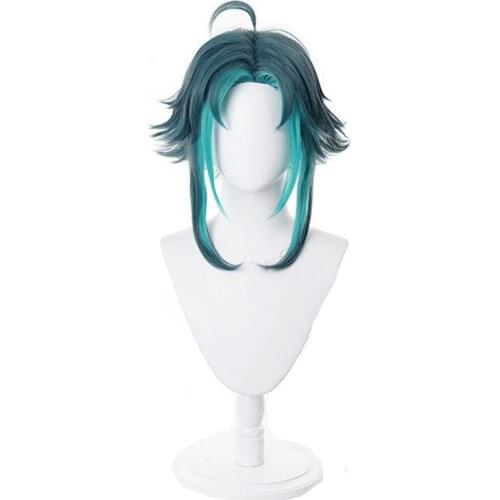 Genshin Impact Xiao Cosplay Men 40cm Green Mixed Wig Cosplay Anime Cosplay Wigs Heat Resistant Synthetic Wigs Halloween