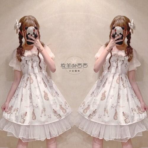 Sweet lolita dress vintage chiffon bowknot cute printing high waist princess victorian dress kawaii girl gothic lolita cos loli