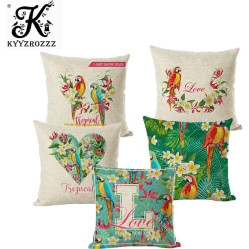 Lovely bird cushion, tropical plant parrot, cotton fabric, linen sofa pillowcase, pillowcase