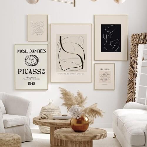 Simple modern Nordic Picasso abstract black and white line figure art combination decorative painting print mural canvas