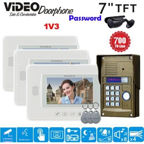 ZHUDELE Home Security Wired 7" Touch Screen Video Door Phone Intercom 3 Monitor + Outdoor RFID Access Camera Power Supply