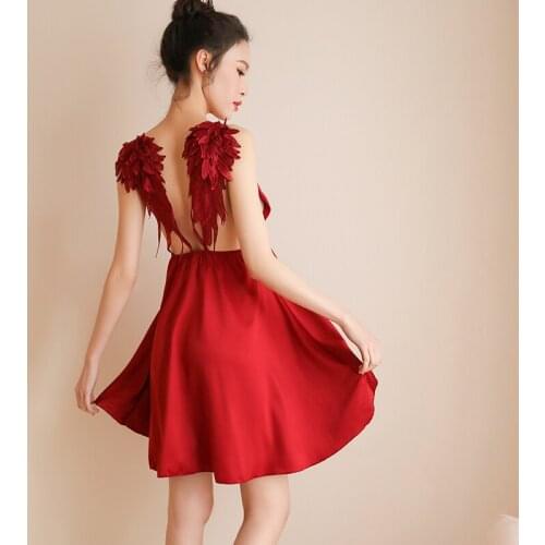 Yhotmeng sexy temptation female underwear shoulder decals spread wings lace spring ice silk straps backless nightdress set