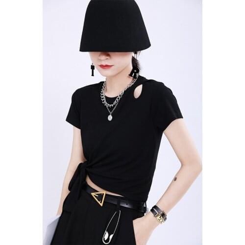 Short Sleeve T Shirt Women Ins Fashion Womens 2020 Slim Knotted Design Non-Mainstream Scheming Bare Midriff T Shirt