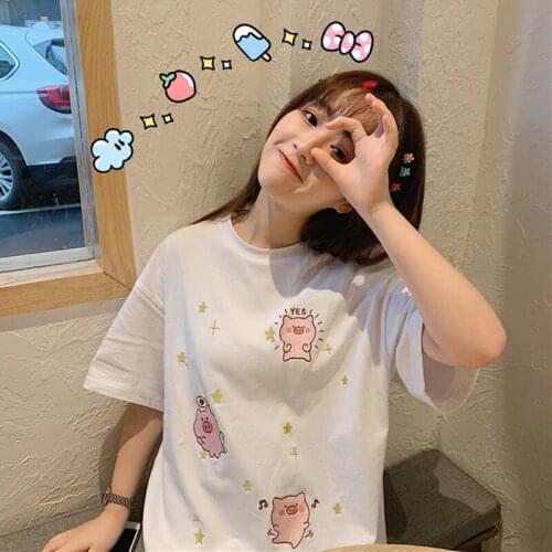 Women Round Collar Summer Cartoon Pig Print Loose Short Sleeve Casual Simple Wild T-Shirt Tops