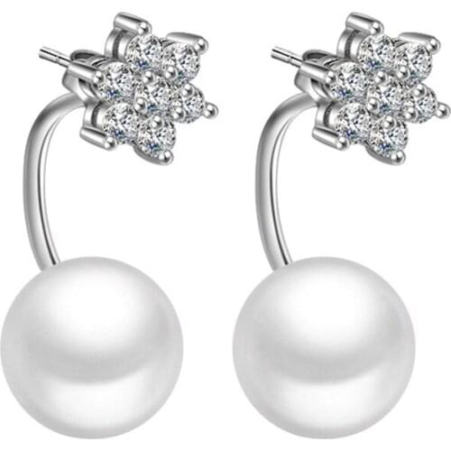 100% 925 sterling silver pearl shiny crystal flower ladies' stud earrings wholesale women jewelry birthday gift
