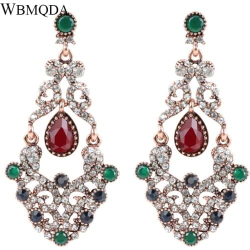 Luxury Ethnic Crystal Hollow Pattern Bridal Earrings Vintage Gold Color Big Drop Earrings For Women Indian Bohemian Jewelry