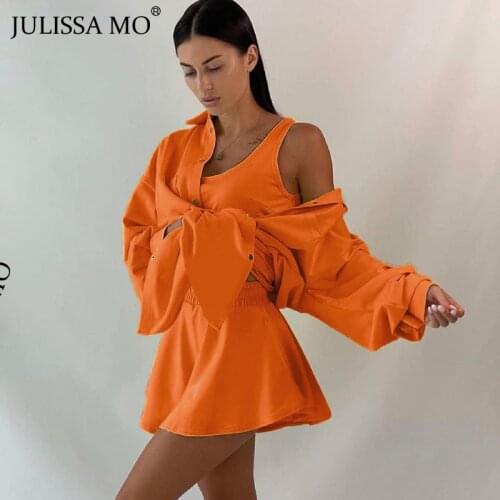 JULISSA MO New Three Piece Set for Women 2021 Autumn Solid Crop Tops Shorts and Loose Shirt Suit Femme Casual Outfit Streetwear
