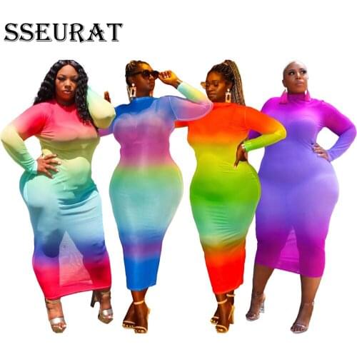 SSEURAT 2021 Women Rainbow Print O-neck Full Sleeve Bodycon Long Maxi Dress Sexy Gradient Perspectivenight Club Party Dresses