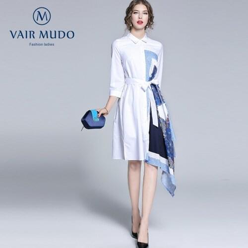 Summer Dress Autumn New Female Temperament Fashion Lapel Three-Quarter Sleeves Color Matching Printed Shirt Irregular Skirt Y-61