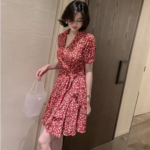 Elegant Print Dresses with Sashes V Neck Short Sleeve Vintage Dress Summer 2019 Women Office Bodycon Sexy Party Ladies Dress