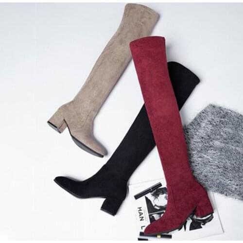 Winter Warm Chunky Platform Long Boots Women Fashion Lace Up Flock Knee High Boots Woman Height Increasing Elastic Boots Black