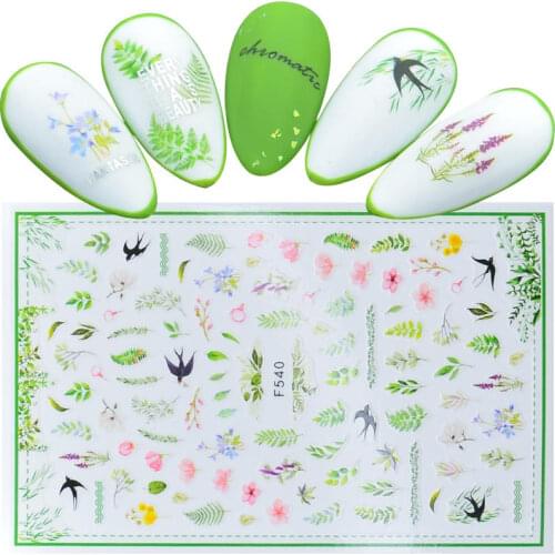 2020 Spring Green Leaf Swallow Nail Sticker Art Flower Decals Back Glue Love Sticker for Manicure Color Design Sticker for Nails