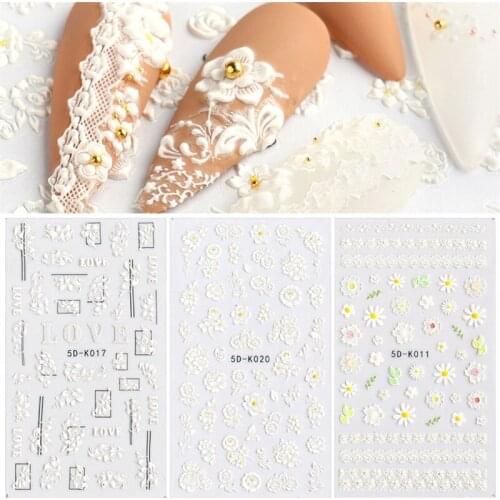 1Sheet 5D White Black Nail Art Stickers Hollow Decals Mixed Designs Adhesive Flower Nail Tips Decorations Salon Accessory