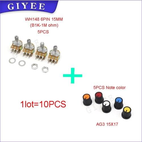 10PCS 20mm Shaft WH148 B1K B2K B5K B10K B20K B50K B100K B250K B500K 1M ohm 6Pin With AG2 Cap Potentiometer Kit Single Joint