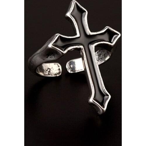 2 Pcs Vintage Black Big Cross Open Ring Trendy Gothic Metal Color Finger Ring for Men Women Party Jewelry Gifts