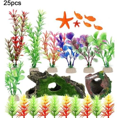 25Pcs/Set Aquarium Decorations Artificial Fish Tank Plastic Plants with Resin Broken Barrel and Resin Rockery Hideouts Cave