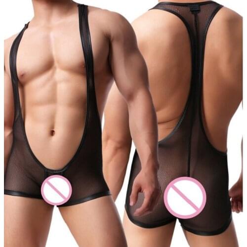 Men Mesh Bodysuit See Through Transparent Singlet Boxer Underwear Jockstrap Gay Undershirt Erotic Male Lingerie Clothing