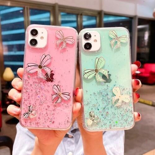 Gradient Flashing Diamond Bow-Knot Phone Case For iPhone 12 11 XS XR X SE 8 7 6 6S Mini Pro Max Plus Transparent Cover