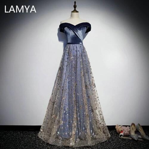 LAMYA Elegant Sequined A Line Skirt Evening Party Dress Bodice V Neck Velour Prom Gown Plus Size Vestido De Festa