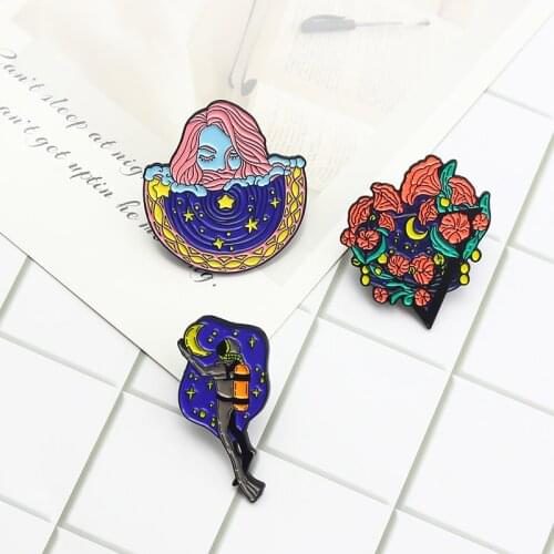 Roam in the blue night sky Enamel Pin Stars and moon Brooches Half round woman Star vase diver Oxygen bottle flower badge