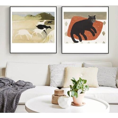 French Illustration cartoon black cat sheep fish modern decorative Painting Canvas Wall Art Poster for Home hotel office decor