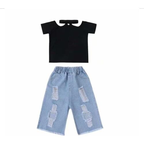 New Kids Girls Clothes Set Summer Girl Crop Tops T-shirt + Denim shorts 2pcs Sets Girl Outfits Baby Vintage Ripped Jeans 2-6