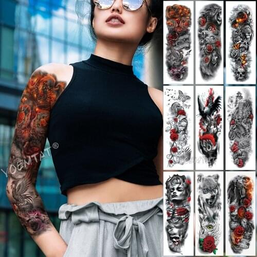 Large Arm Sleeve Tattoo Red Phoenix Rose Waterproof Temporary Tattoo Sticker Paper Letter Life Tree Tatoo Body Art Women