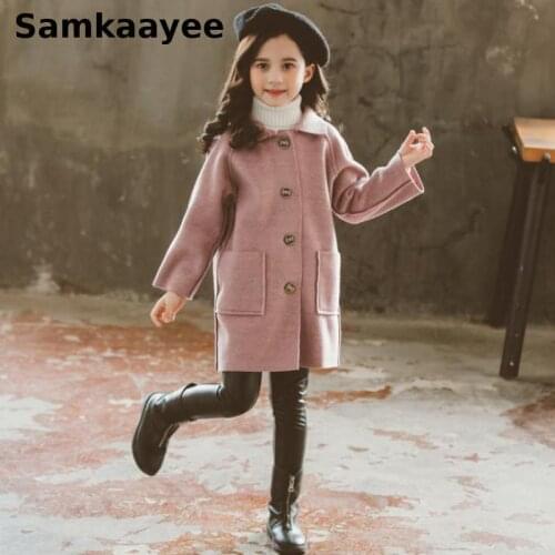 5-15y Girls Woolen Jackets Spring Autumn Kids Coat Outerwear Single-Breasted Solid Blends Children Long Clothes Pocket Overcoat