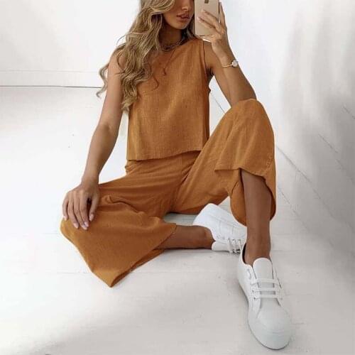 Summer New Sexy Sleeveless Vest Two Piece Women Suits Pants Set Solid Color Tops Loose Wide Leg Pants Casual Plus Size Suit