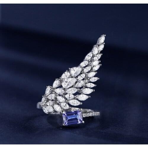 New Fashion Angel Wing Open Rings Luxury Square Crystal Zircon S925 Silvery Jewelry For Women Wedding Party Charm Finger Ring