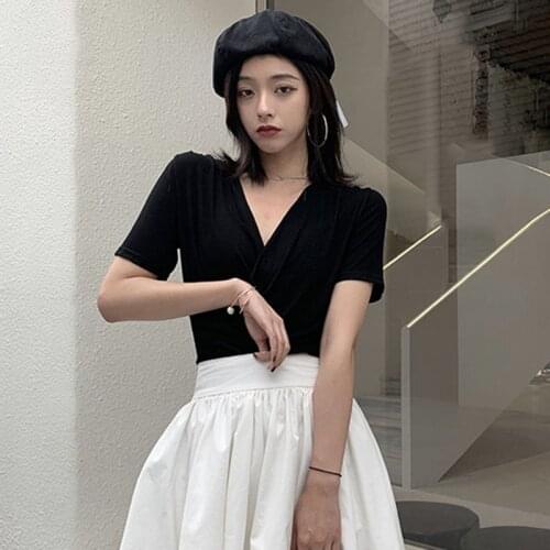 Wrapped Tshirt Sexy Slim V-neck Summer Short Sleeve T Shirt Solid Color Women Tee Shirt Black