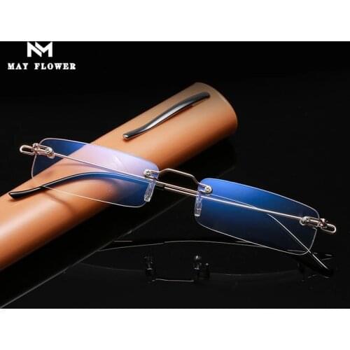 May Flower Anti-Blue Rimless Reading Glasses Mini Square Metal Presbyopic Eyewear With Pen Tube Case Eyeglasses Men Women +3.5+4