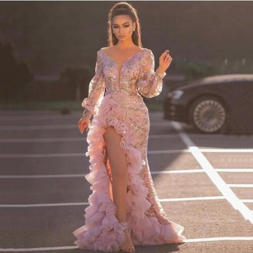 Aso Ebi Mermaid Prom Dresses Long Sleeves Side Split Ruffles Evening Gowns V Neck vestido de novia Party Celebrity Dress