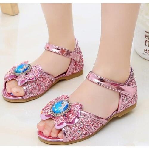 Girls Princess Frozen Elsa Sandal Summer Leather Glitter Crystal Rhinestones Bow Kid Sandals Party Shoes Children Christmas Gift