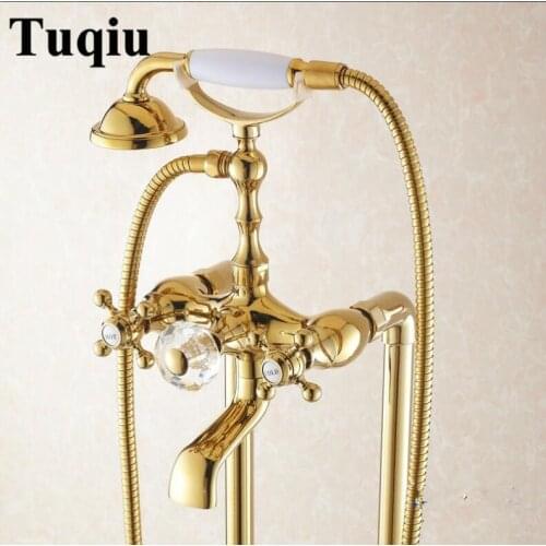 Vidric Bathtub Faucets Bathroom Gold Floor Stand Faucets Telephone Type Bath & Shower Faucet Mixer Brass Shower Set Luxury Batht
