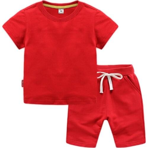 Boys' new cotton short sweatshirt short sleeve sweatshirt + shorts two piece sports suit home suit pure cotton girls clothes