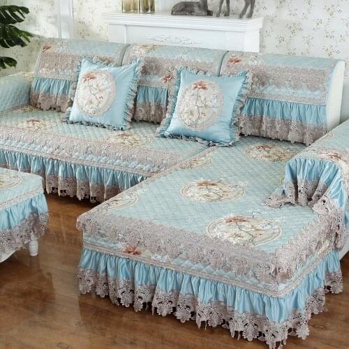 Light Blue European Lace Sofa Cover Luxury Cotton Linen Sofa Towel Slipcover Non-slip Cushion Pillowcase Living Room Sofa Set 2