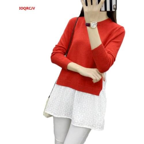 Sweaters Female Autumn Winter New Korean Loose Fake Two Pieces Womens Sweater Fashion Patchwork Lace Pullover Ladies Tops W1025