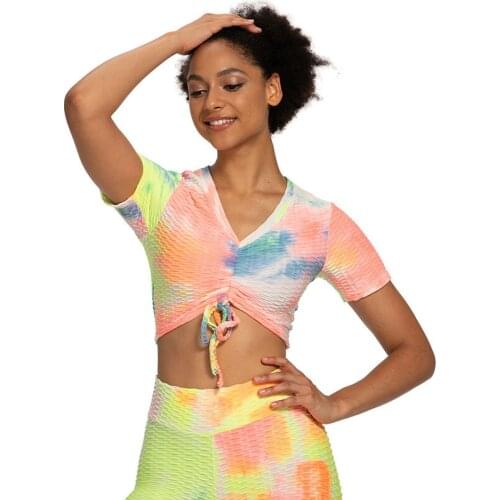 High Elastic Gym Yoga Top Sexy Women Workout Top Print Sport Shirts Running Breathable short sleeve T-Shirts Fitness Sportwear