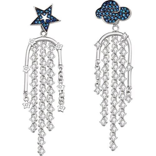 SLJELY Fashion S925 Sterling Silver Asymmetric Star and Cloud Tassels Long Earrings Micro 5A Cubic Zirconia Women Brand Jewelry
