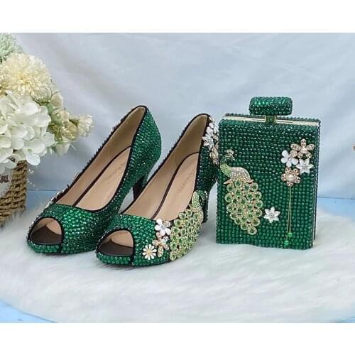 Women Green Crystal Sandals Open Toe Wedding Shoes For Bride Party Dress Shoes and Bag Ladies Peacock High Heel Rhinestone Pumps