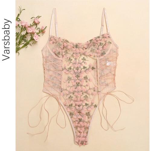 Varsbaby sexy see through tight fitting corset embroidered mesh lace sling stitching temptation corset