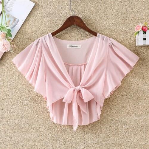 2021 Summer Women Short Chiffon Cardigan Blouses Female Bow Tie Lady Flare Sleeve Capes Sun Protection Clothing Beach Shirt 1431