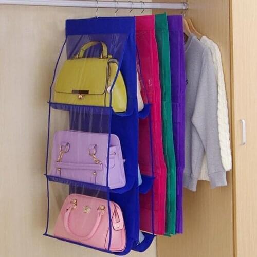 6 Transparent Pocket Double Side Hanging Closet Foldable Handbag Storage Bag For organize Backpack Purse Wallet Non-woven Fabric