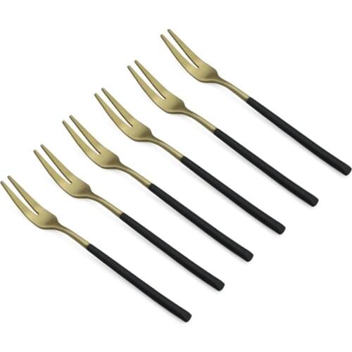 6 Pcs/Lot Luxury Gold Stainless Steel Salad Pie Fruit Fork Set Summer Black Handle Dinnerware Set Party Dessert Cake Fruit Picks