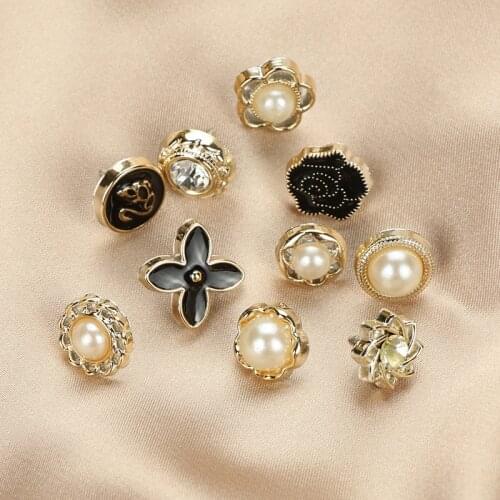 6Pcs/Lot Pearl Rhinestone Crystal Snap Fastener Metal Shank Buttons Brooch Pins For Badge Cufflinks Buttons Clothing Decor DIY